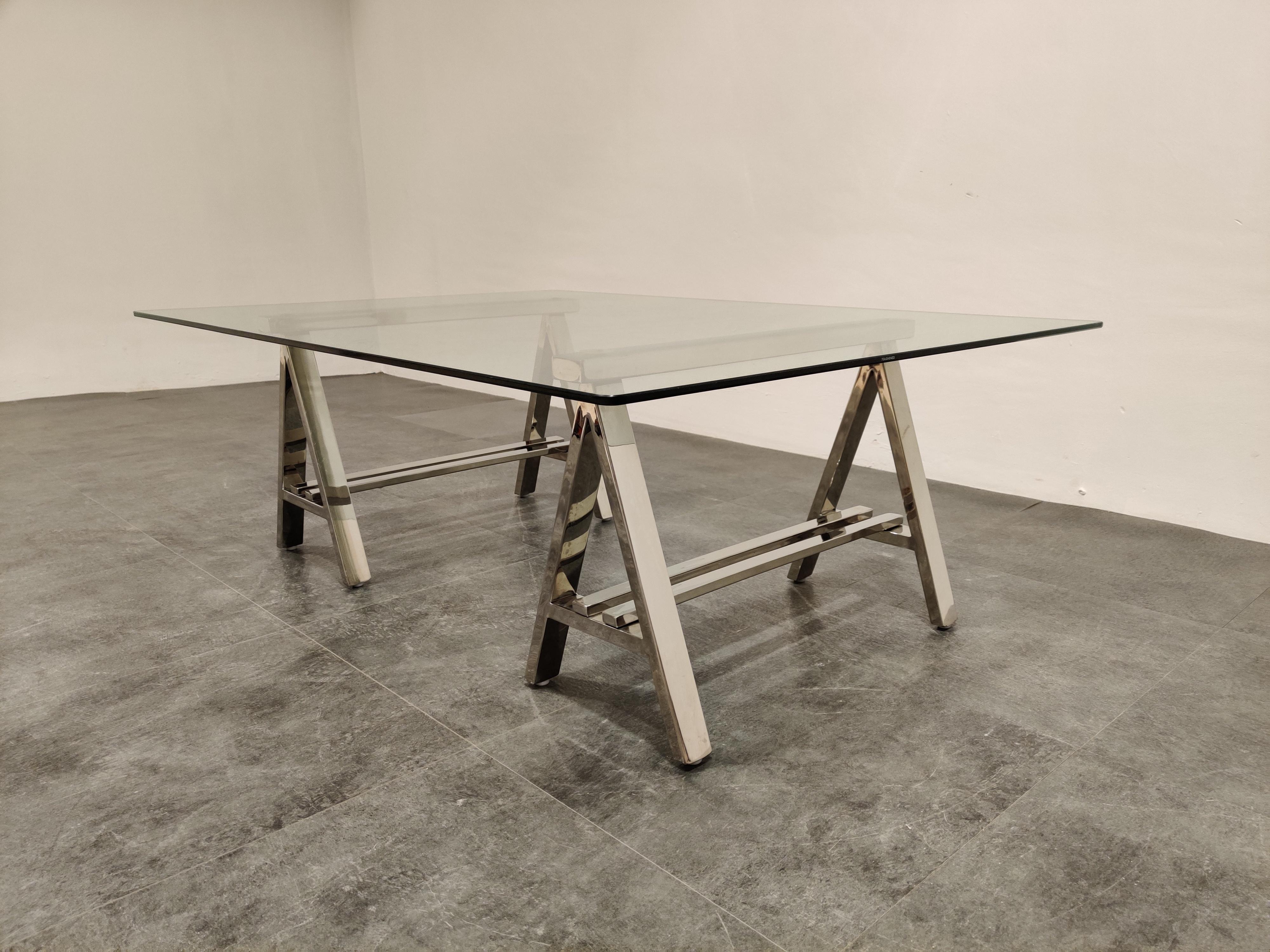 Vintage Chrome Trestle Coffee Table from Roche Bobois, 1980s In Excellent Condition In HEVERLEE, BE