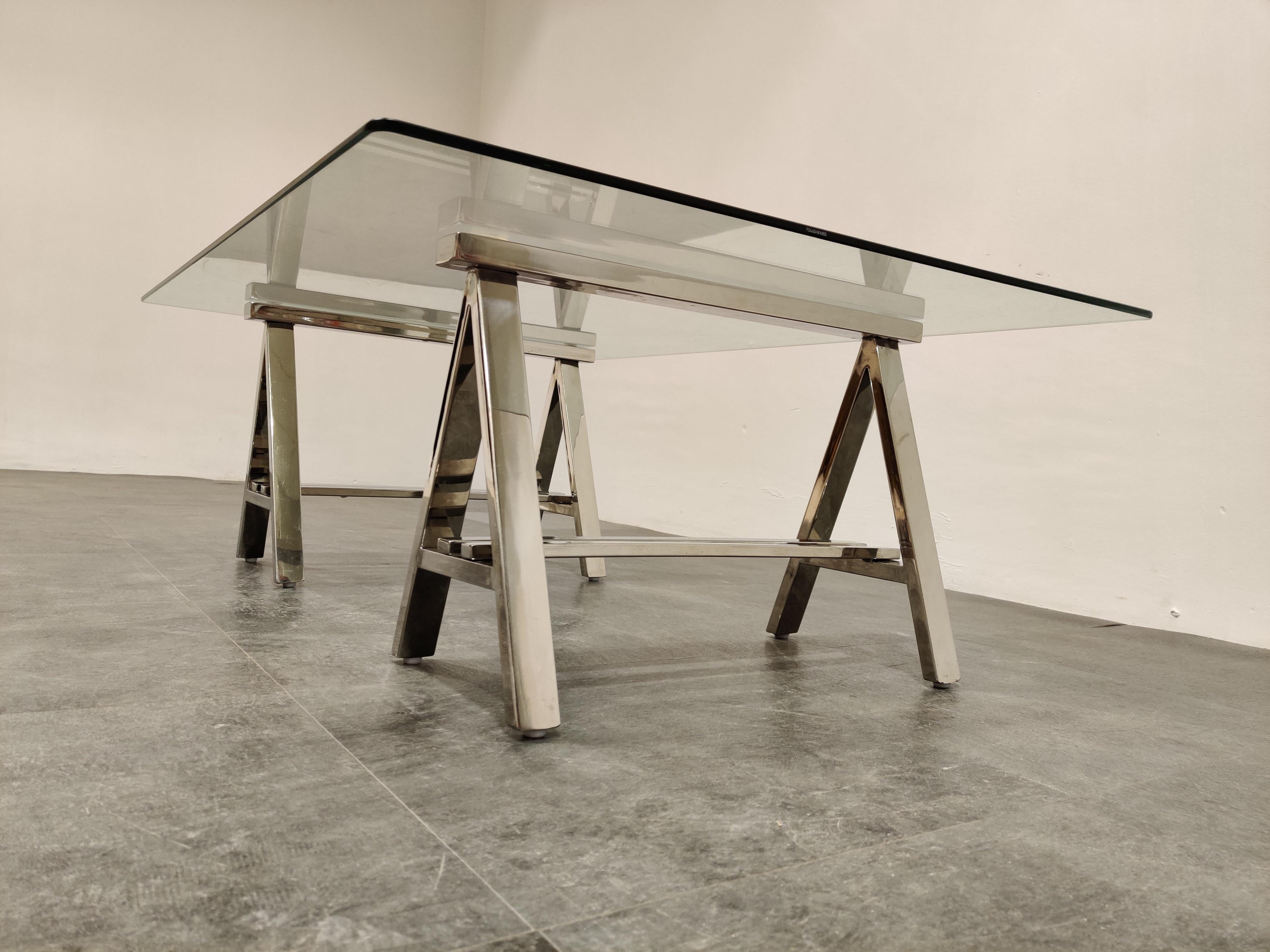 Glass Vintage Chrome Trestle Coffee Table from Roche Bobois, 1980s