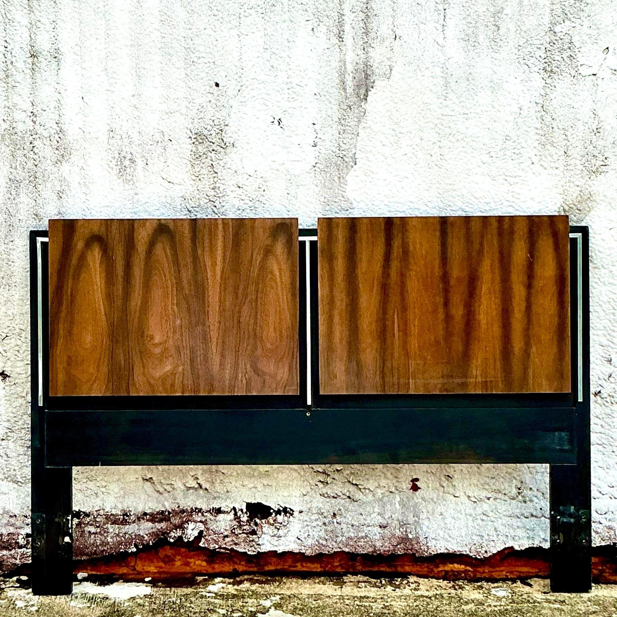 Mid-Century Modern Vintage Chrome Trimmed Queen Headboard
