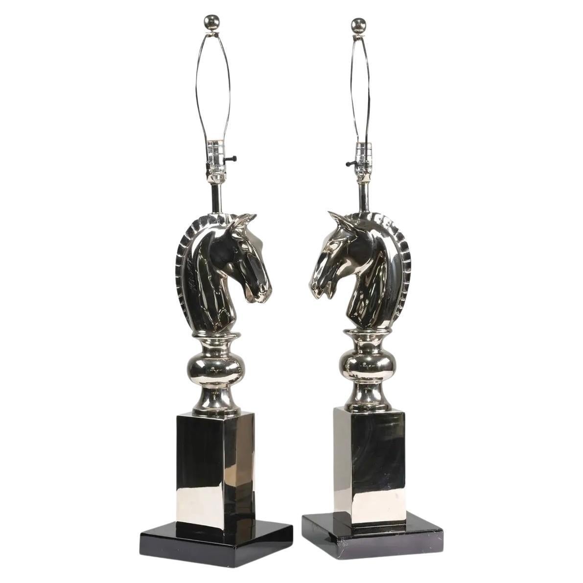 Vintage Chrome Trojan Horse Head Lamps / Equestrian Lamps - a Pair For Sale