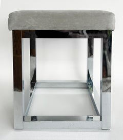 Vintage Chrome Upholstered Stool, Mid-century Modern Style