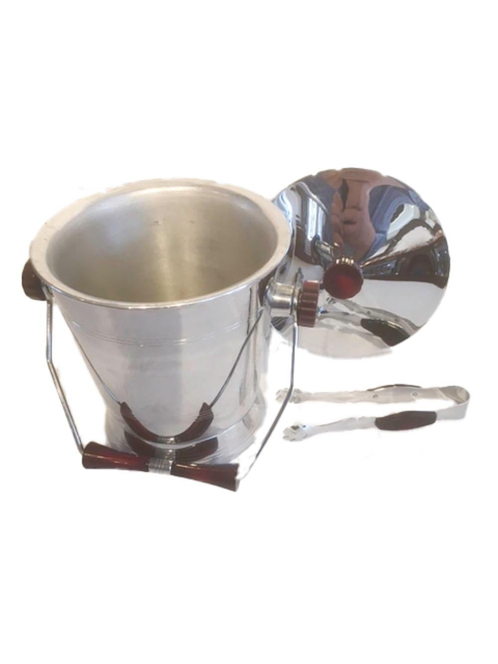 Art Deco Vintage Chrome with Red Bakelite Ice Bucket and Tongs, Barmates by Glo-Hill