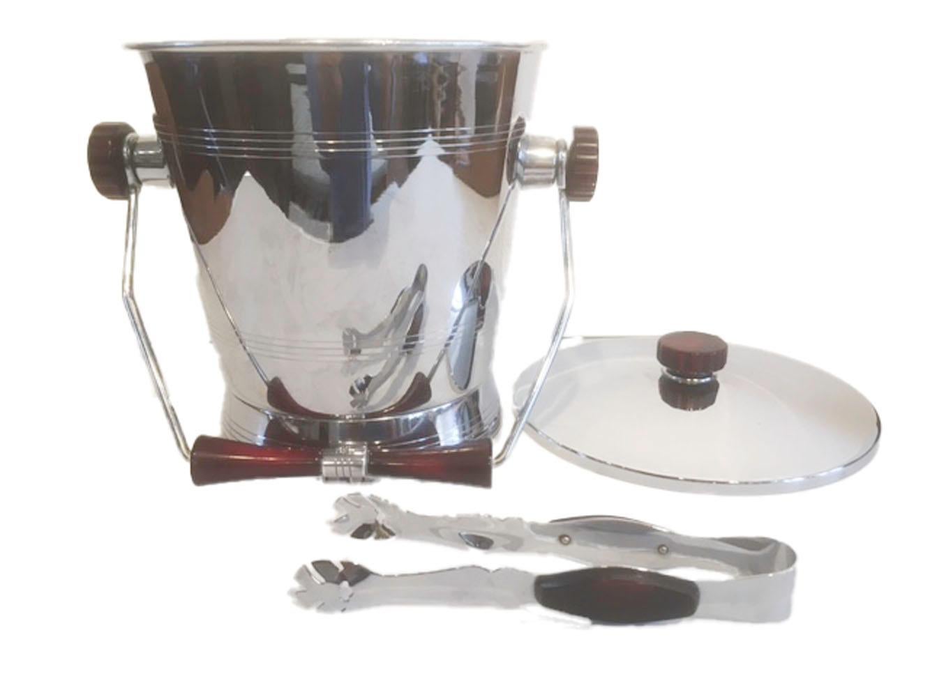 Carved Vintage Chrome with Red Bakelite Ice Bucket and Tongs, Barmates by Glo-Hill