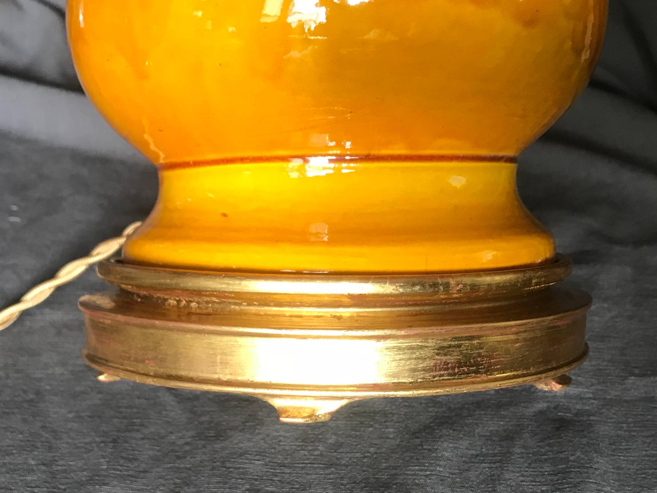 Glazed Vintage Chrome Yellow Japanese Lamp on Water Gilt Base