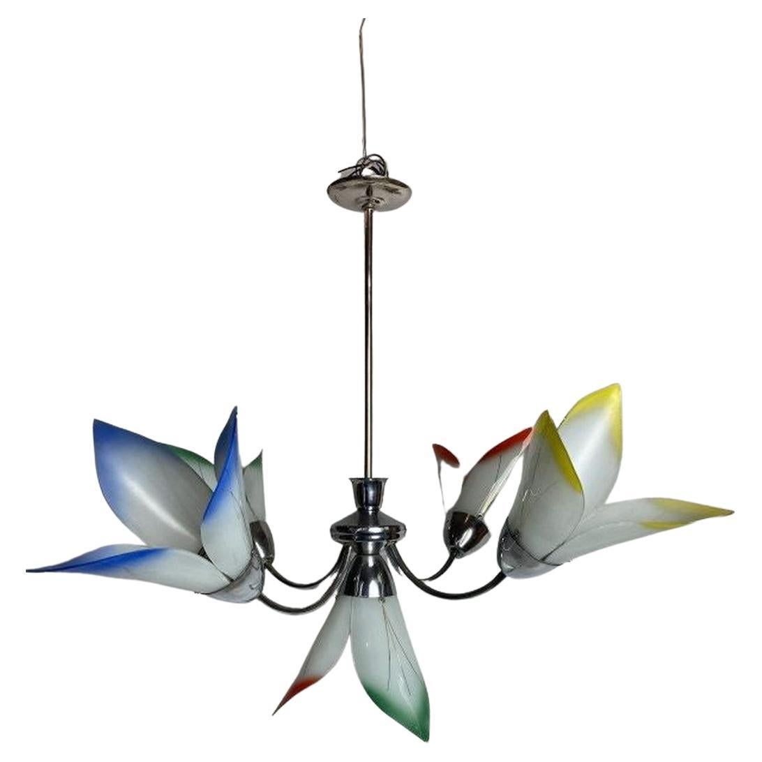 Vintage Chromed Chandelier with Colorful Flowers For Sale