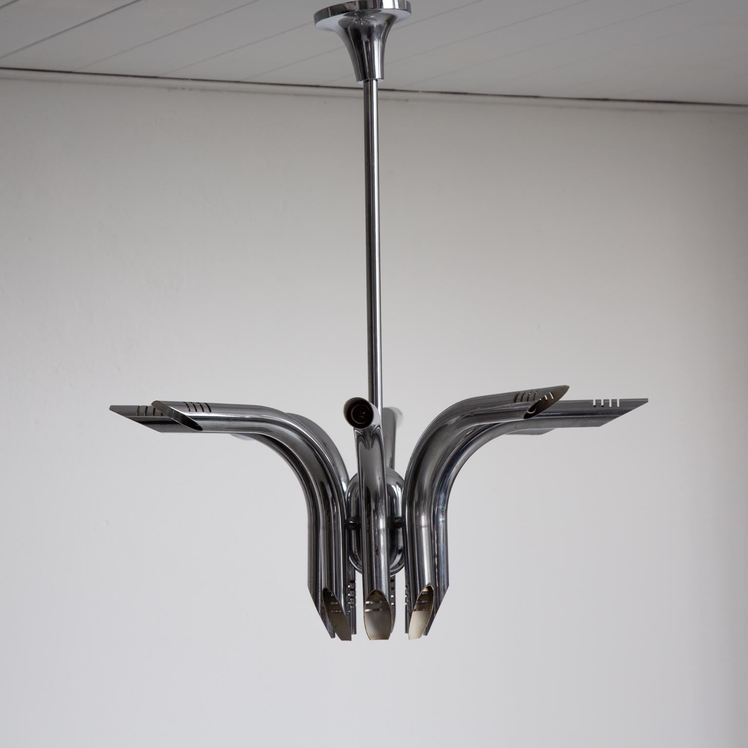 Modern Vintage Chromed Steel Pipes Pendant Chandelier, Contemporary Industrial Style For Sale