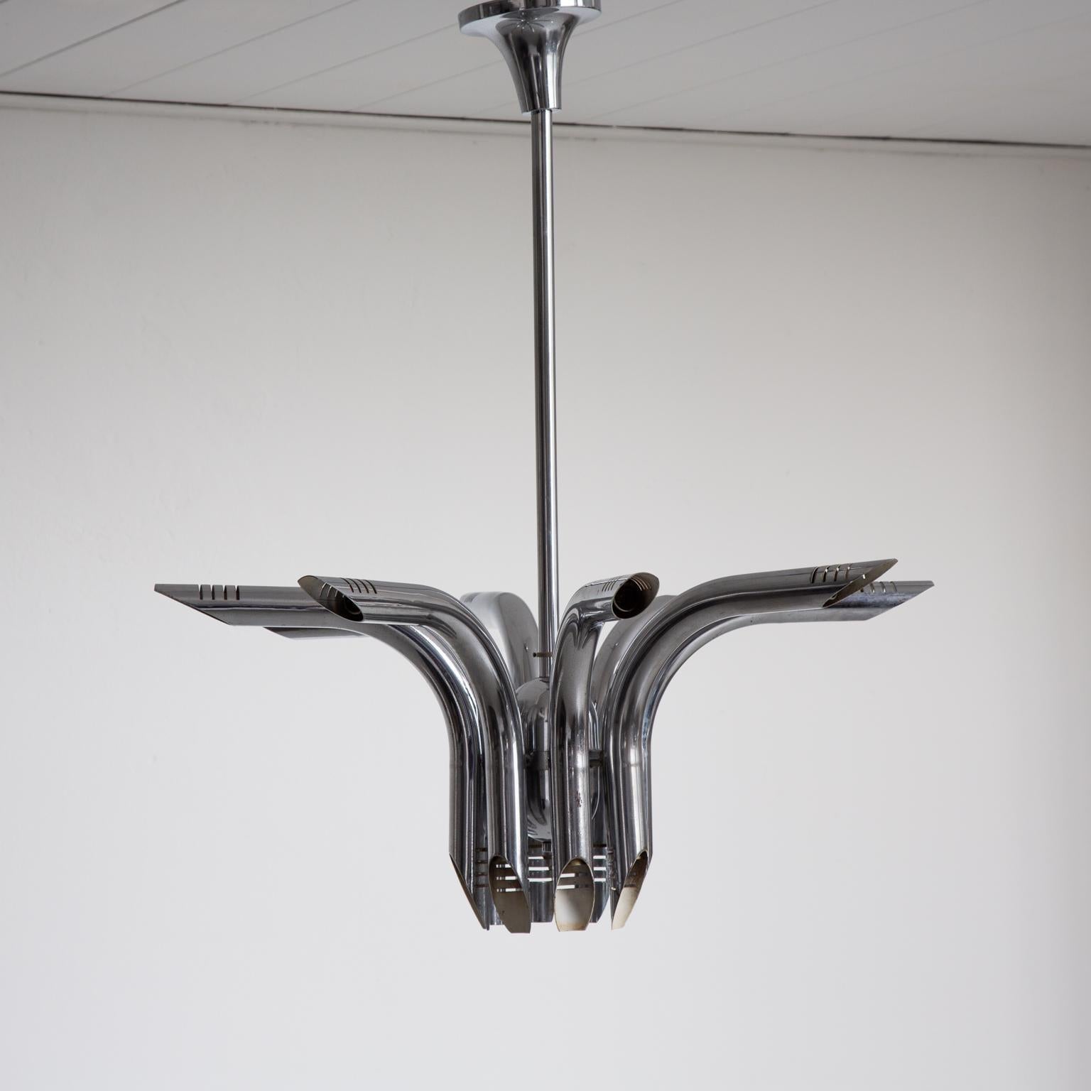 Polychromed Vintage Chromed Steel Pipes Pendant Chandelier, Contemporary Industrial Style For Sale