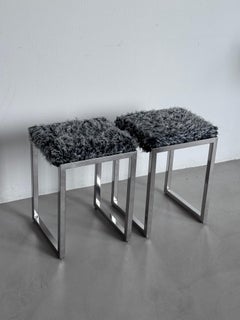 Vintage Italian Modernist Chromed stools with long hair fabric in Silver