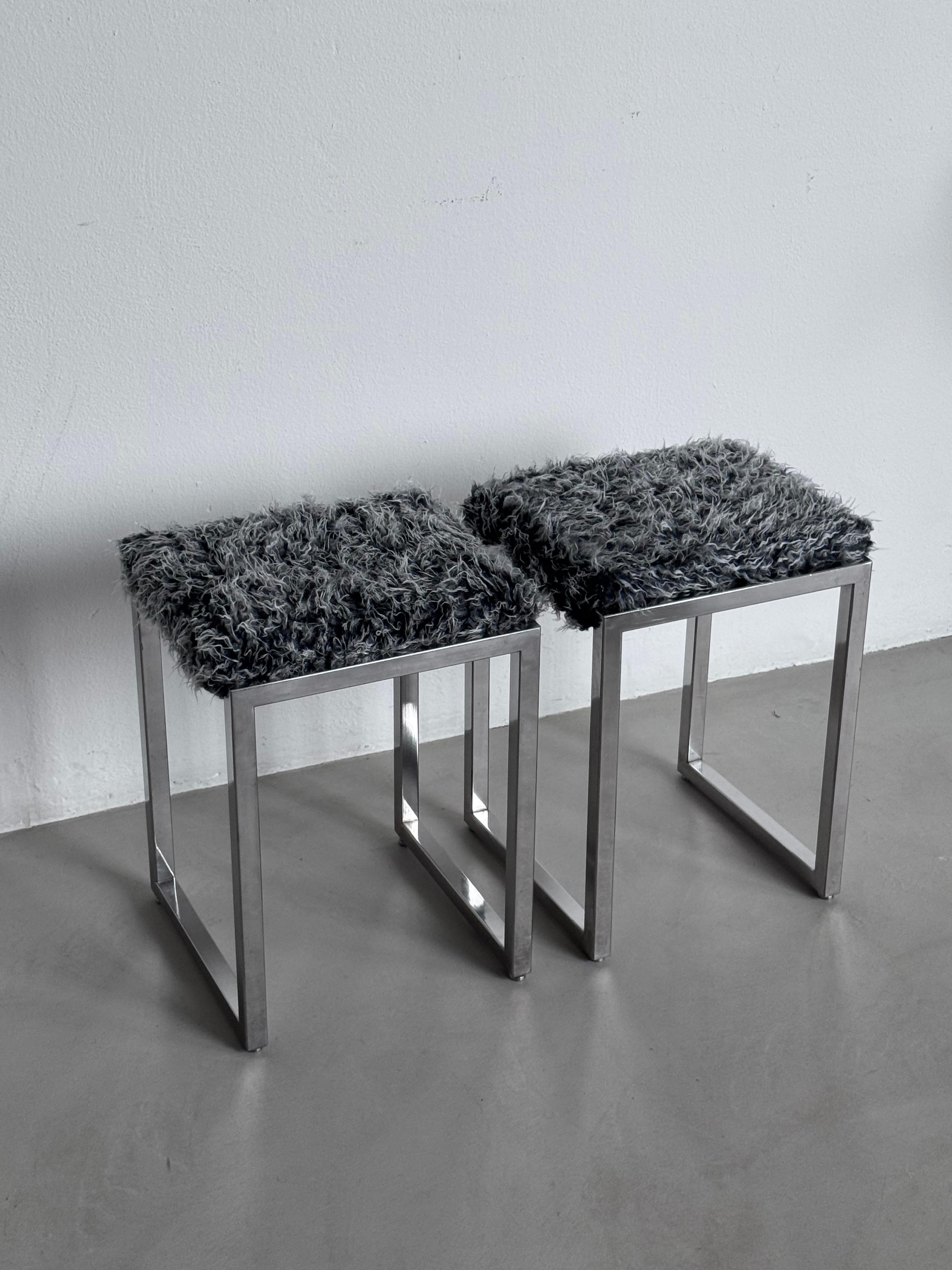 Vintage Italian Modernist Chromed stools with long hair fabric in Silver