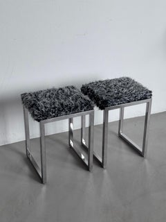 Vintage Italian Modernist Chromed stools with long hair fabric in Silver