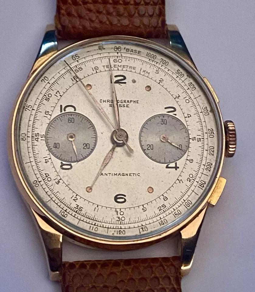 Vintage Chronograph Suisse 18ct Rose Gold Antimagnetic 17 Jewels Watch Ca 1950's 1