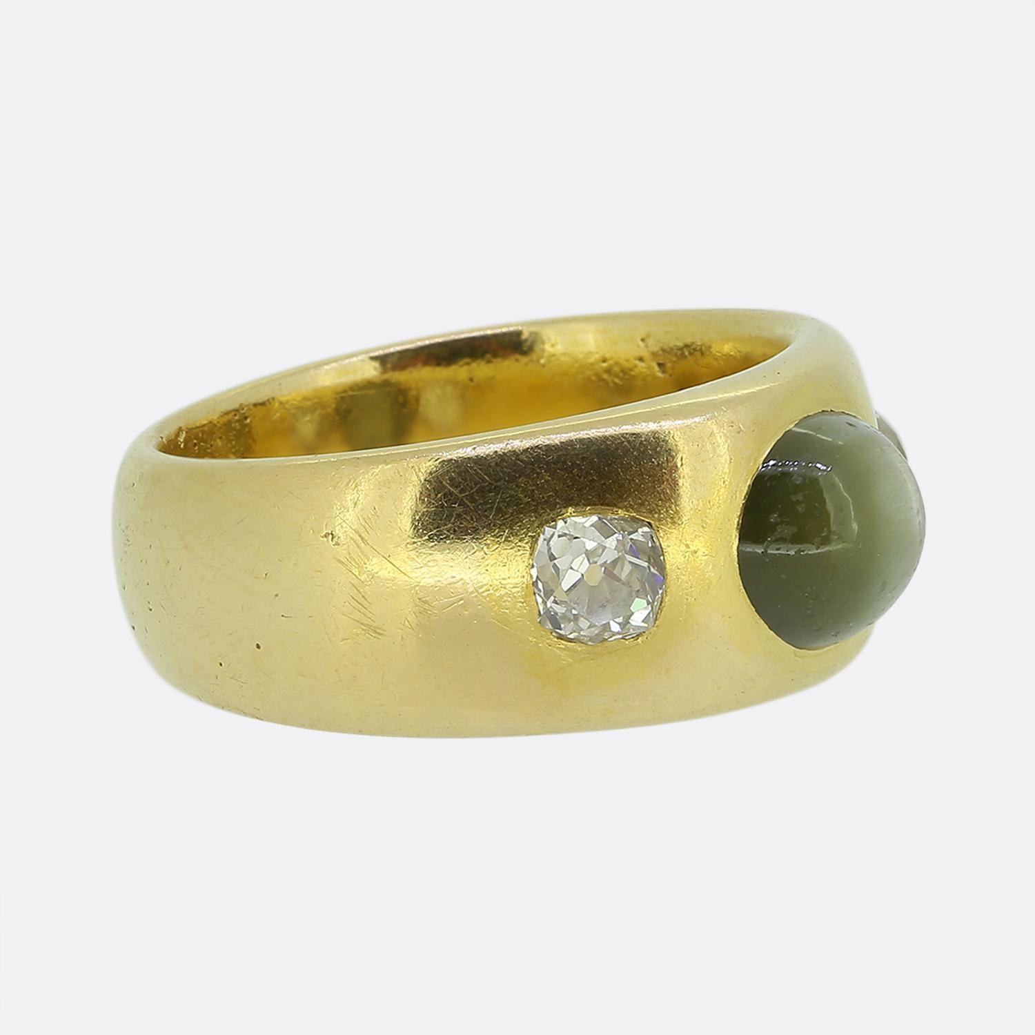 Old Mine Cut Vintage Chrysoberyl and Diamond Three-Stone Ring