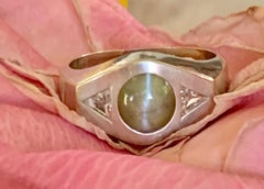 Vintage Chrysoberyl Cat's-Eye and Diamond 14 Karat White Gold Ring - Size 11 3/4