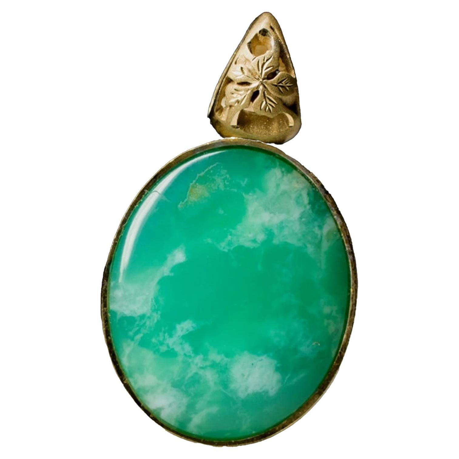 Vintage Chrysoprase 18K Gold Plated Silver necklace green gemstone wife gift For Sale