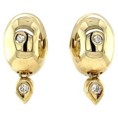 Vintage Chunky 14 Karat Yellow Gold Diamond Huggie Hoop Earrings