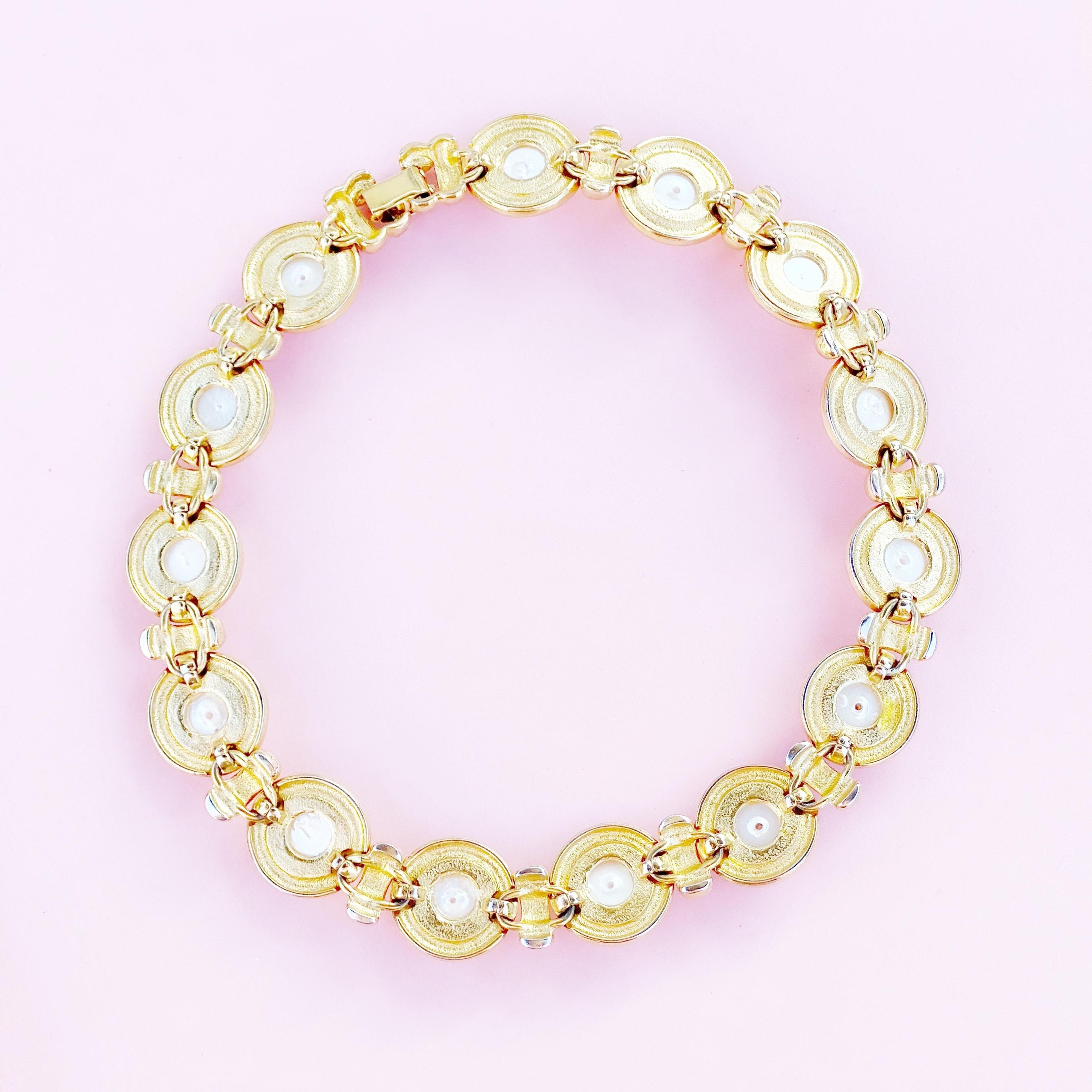 Women's Vintage Chunky Gilt & Faux Pearl Cabochon Link Choker Necklace, 1980s