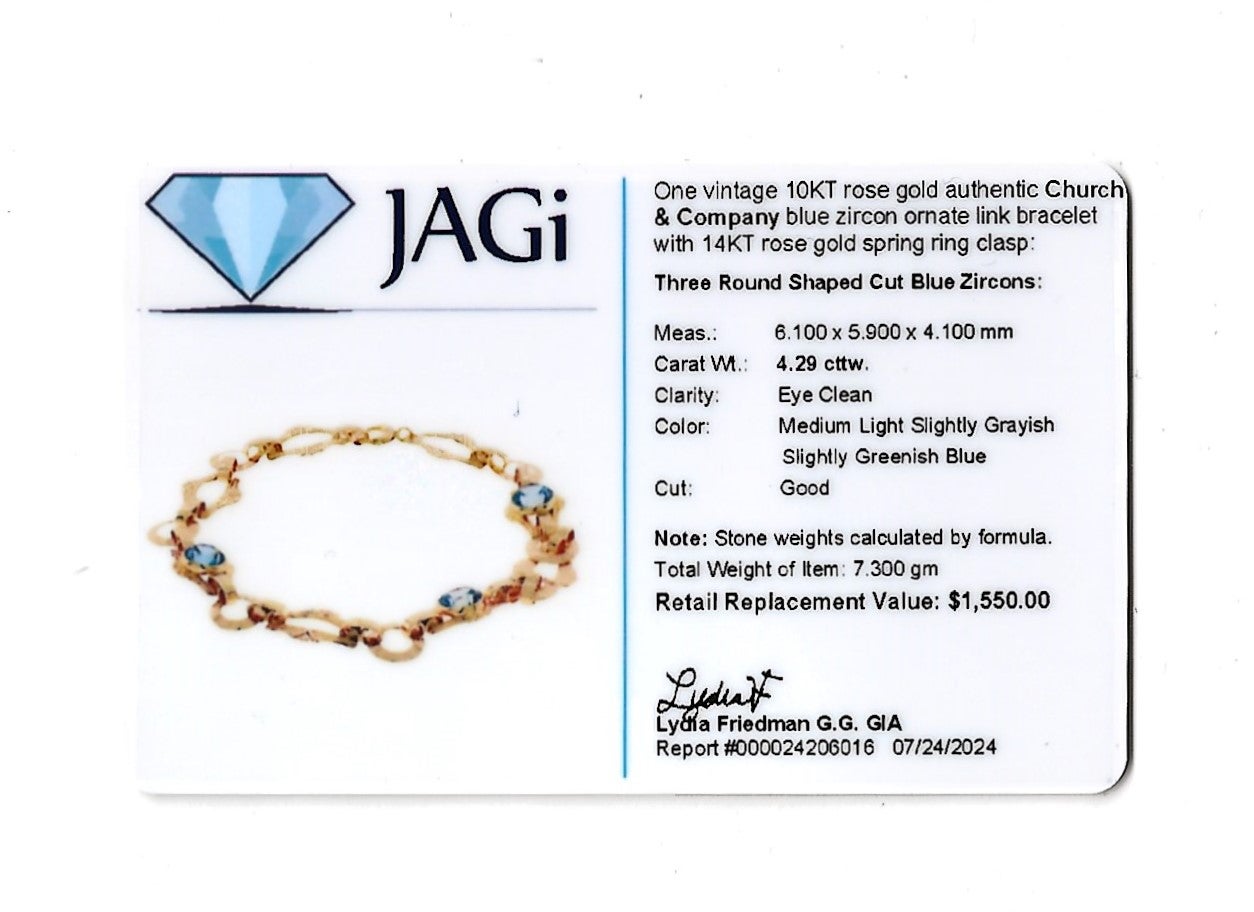 Vintage Church & Company Round Cut Blue Zircon Ornate Rose Gold Link Bracelet For Sale 3