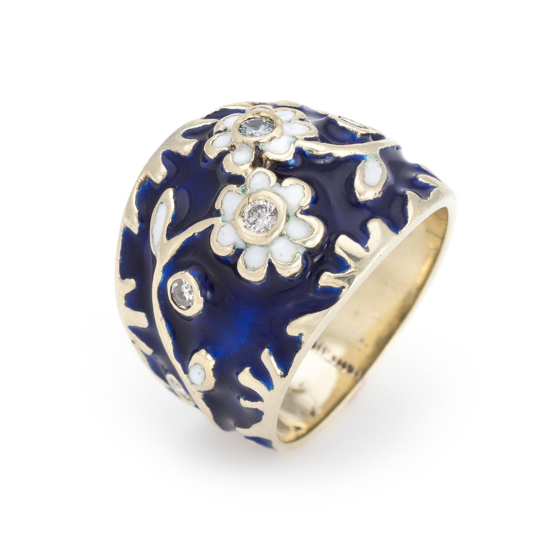 Finely detailed vintage diamond cigar band, crafted in 14 karat yellow gold. 

6 diamonds total an estimated 0.16 carats (estimated at G-H color and VS clarity). 

The charming wide (15.5mm - 0.61 inches) band features navy blue enamel with white