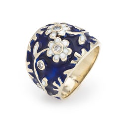 Vintage Cigar Band Diamond 14 Karat Gold Enamel Ring 5 Flowers Estate Jewelry