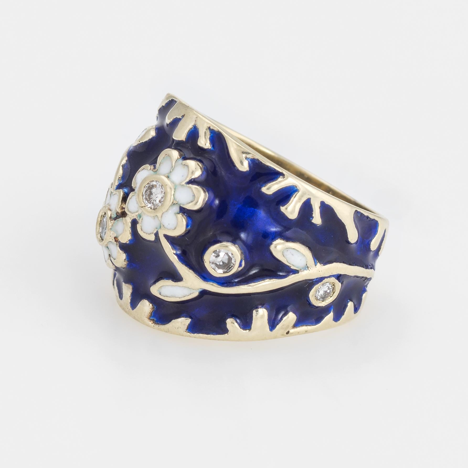 Modern Vintage Cigar Band Diamond 14 Karat Gold Enamel Ring 5 Flowers Estate Jewelry