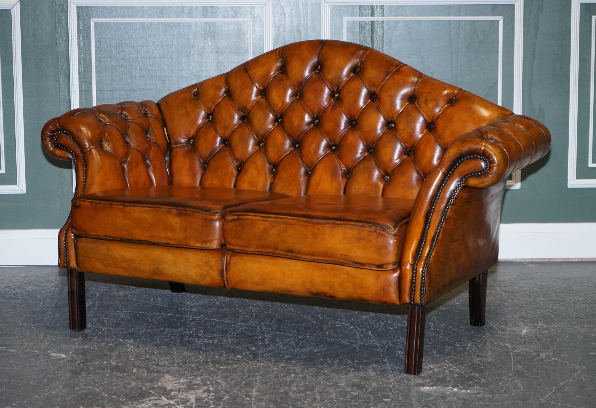British Vintage Cigar Brown Hand Dyed Leather Camel Back Chesterfield Two Seater Sofa For Sale