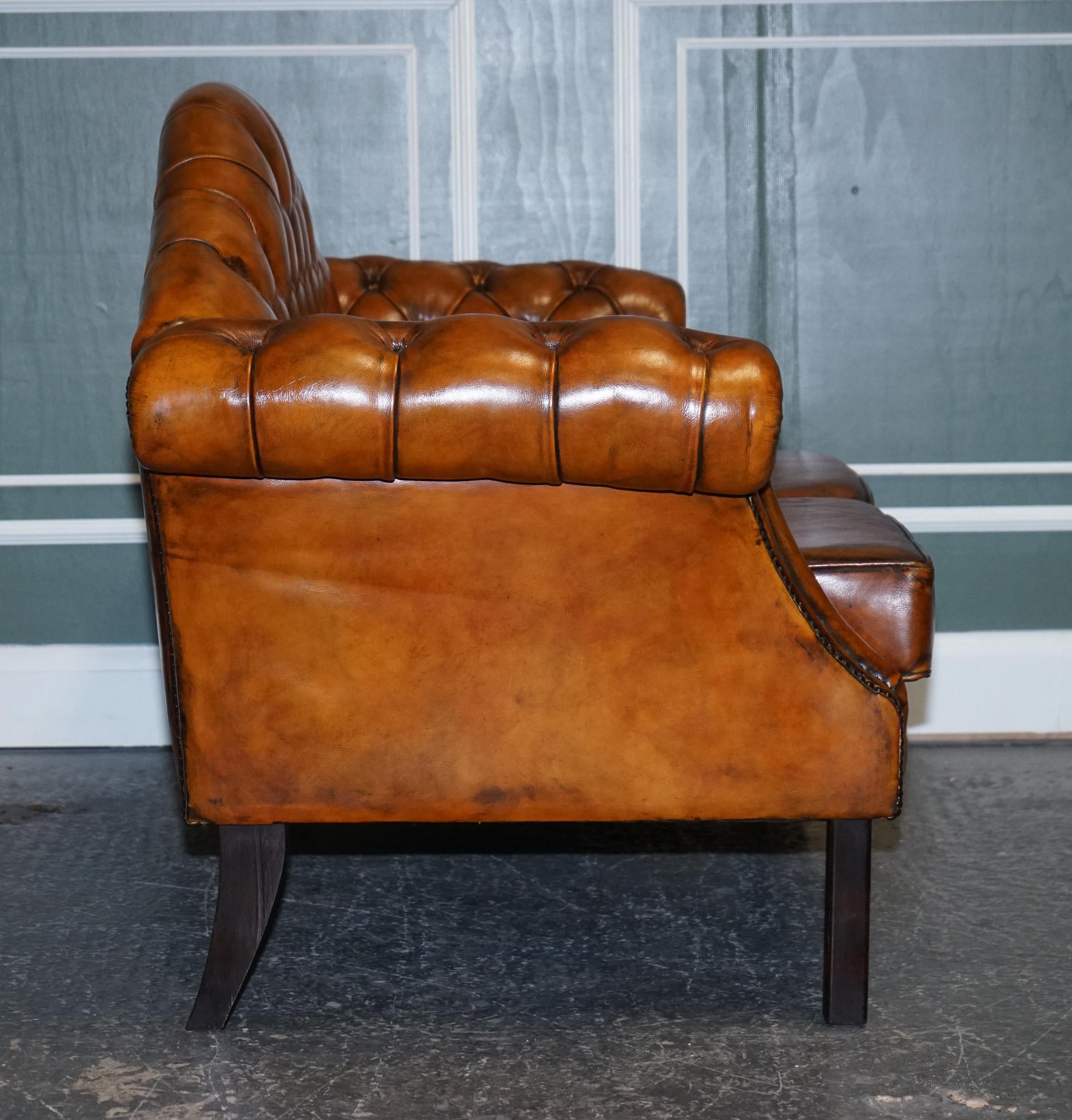 20th Century Vintage Cigar Brown Hand Dyed Leather Camel Back Chesterfield Two Seater Sofa For Sale