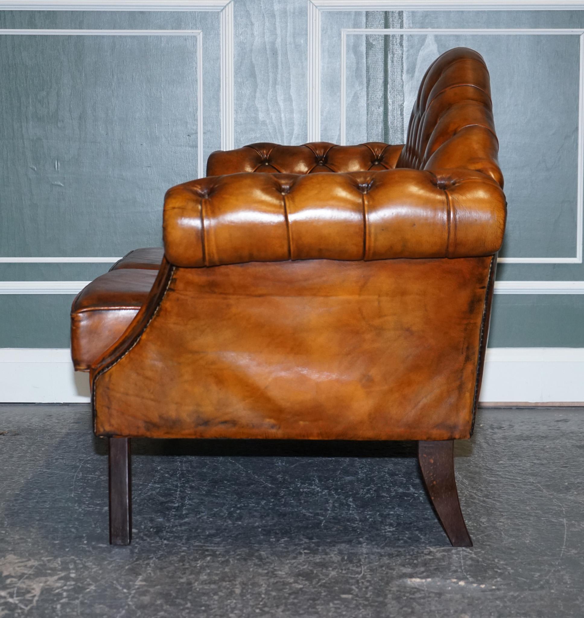 Vintage Cigar Brown Hand Dyed Leather Camel Back Chesterfield Two Seater Sofa For Sale 1