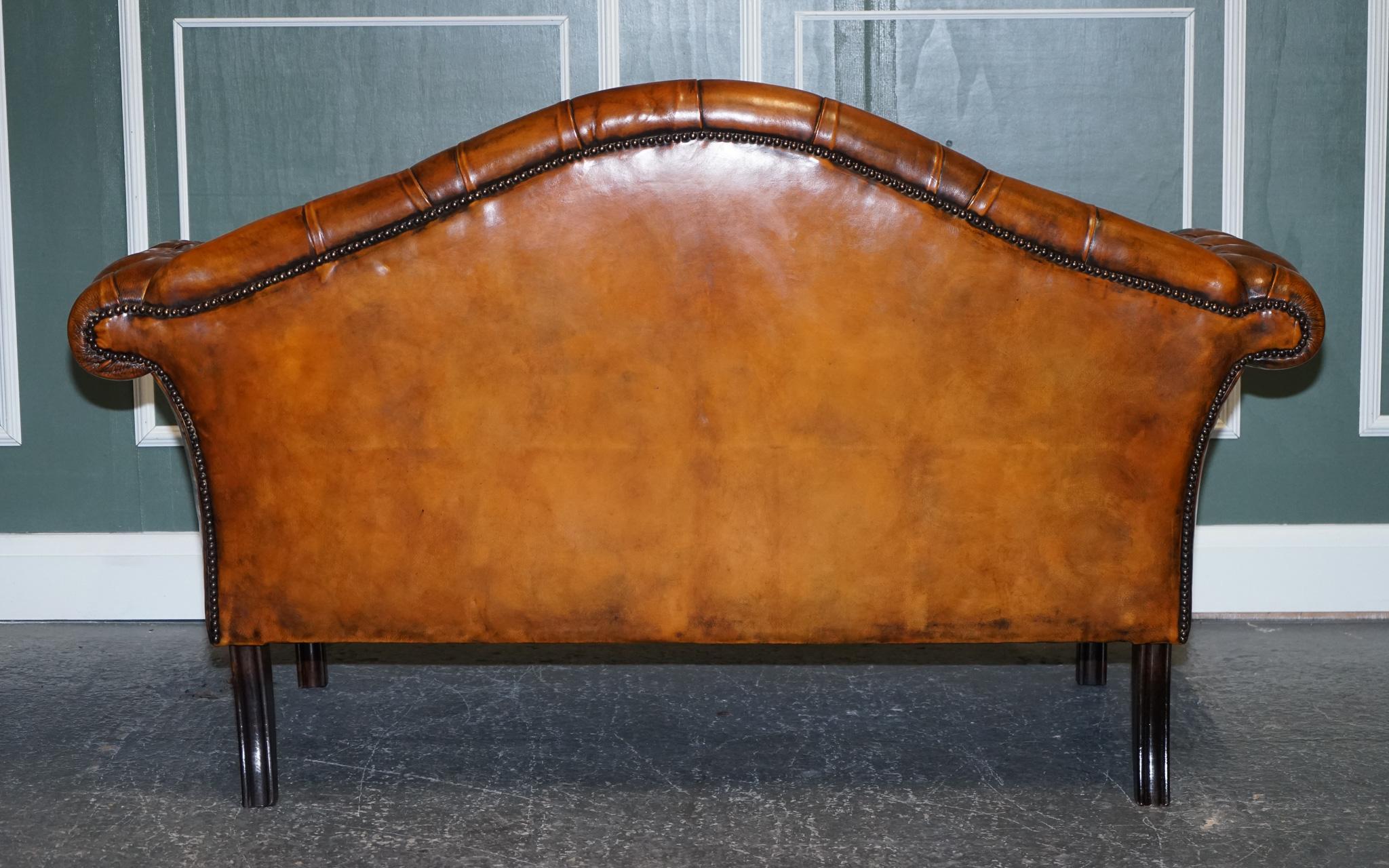 Vintage Cigar Brown Hand Dyed Leather Camel Back Chesterfield Two Seater Sofa For Sale 2