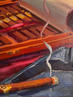 Peinture à l'huile d'amateur de cigares dans un cadre en bois doré, signée