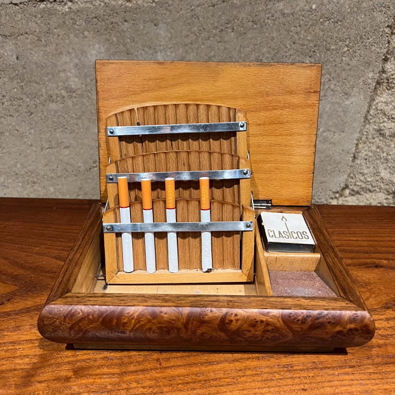 cigarette dispenser box Vintage Cigarette Dispenser Burlwood Box For Sale at 1stDibs