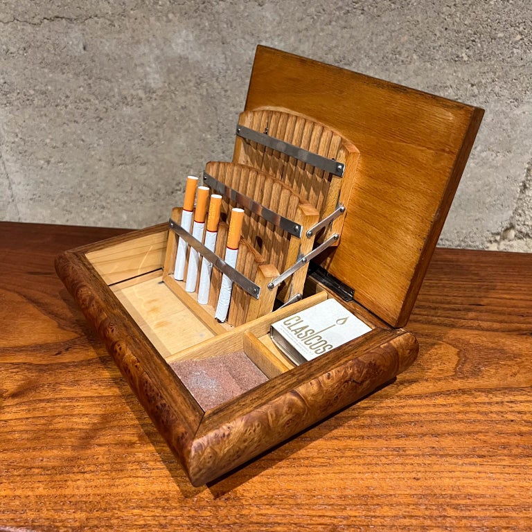 cigarette wooden box Vintage Cigarette Dispenser Burlwood Box For Sale at 1stDibs
