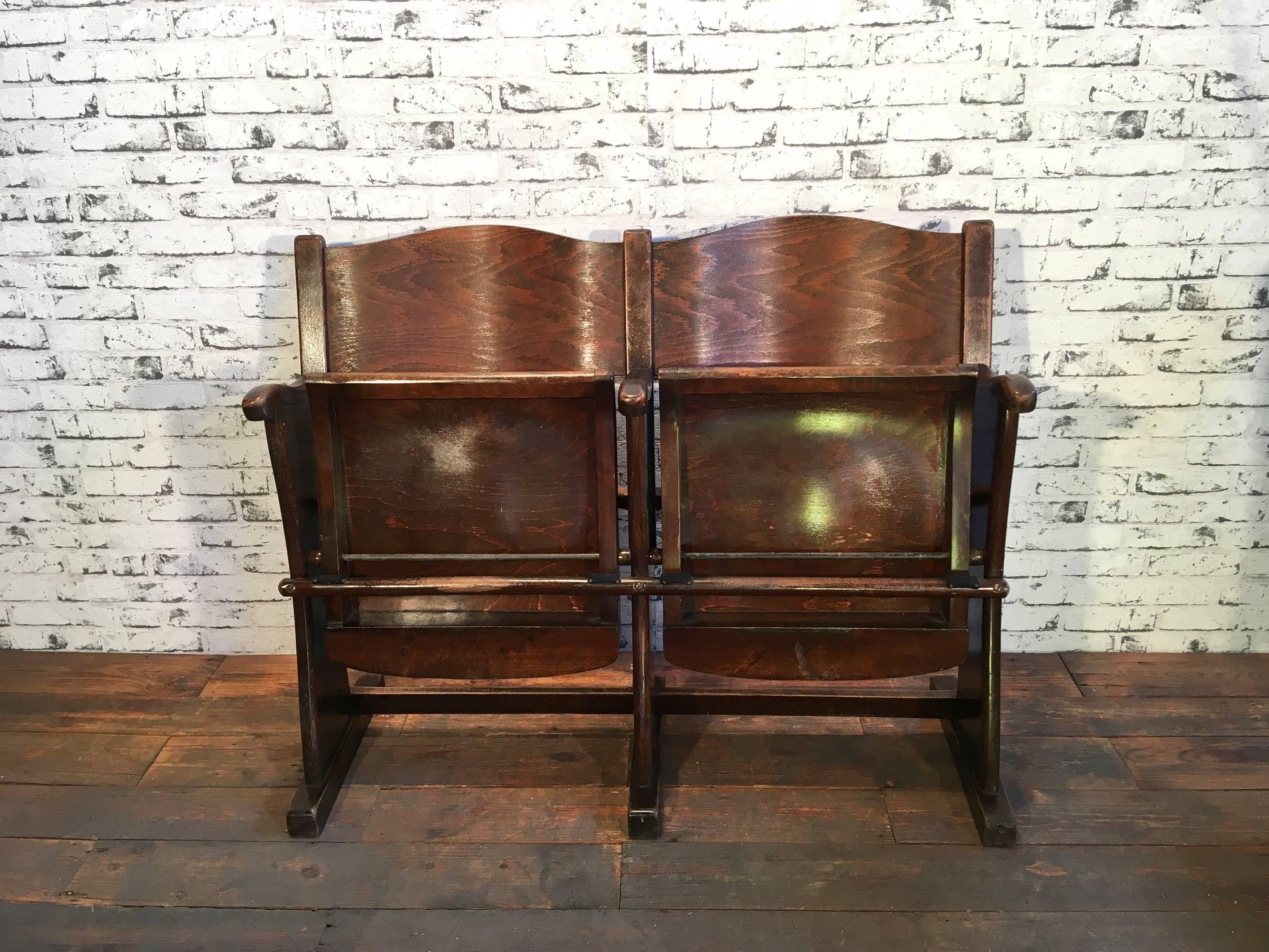 Wood Vintage Cinema Bench, Two-Seat, 1950s