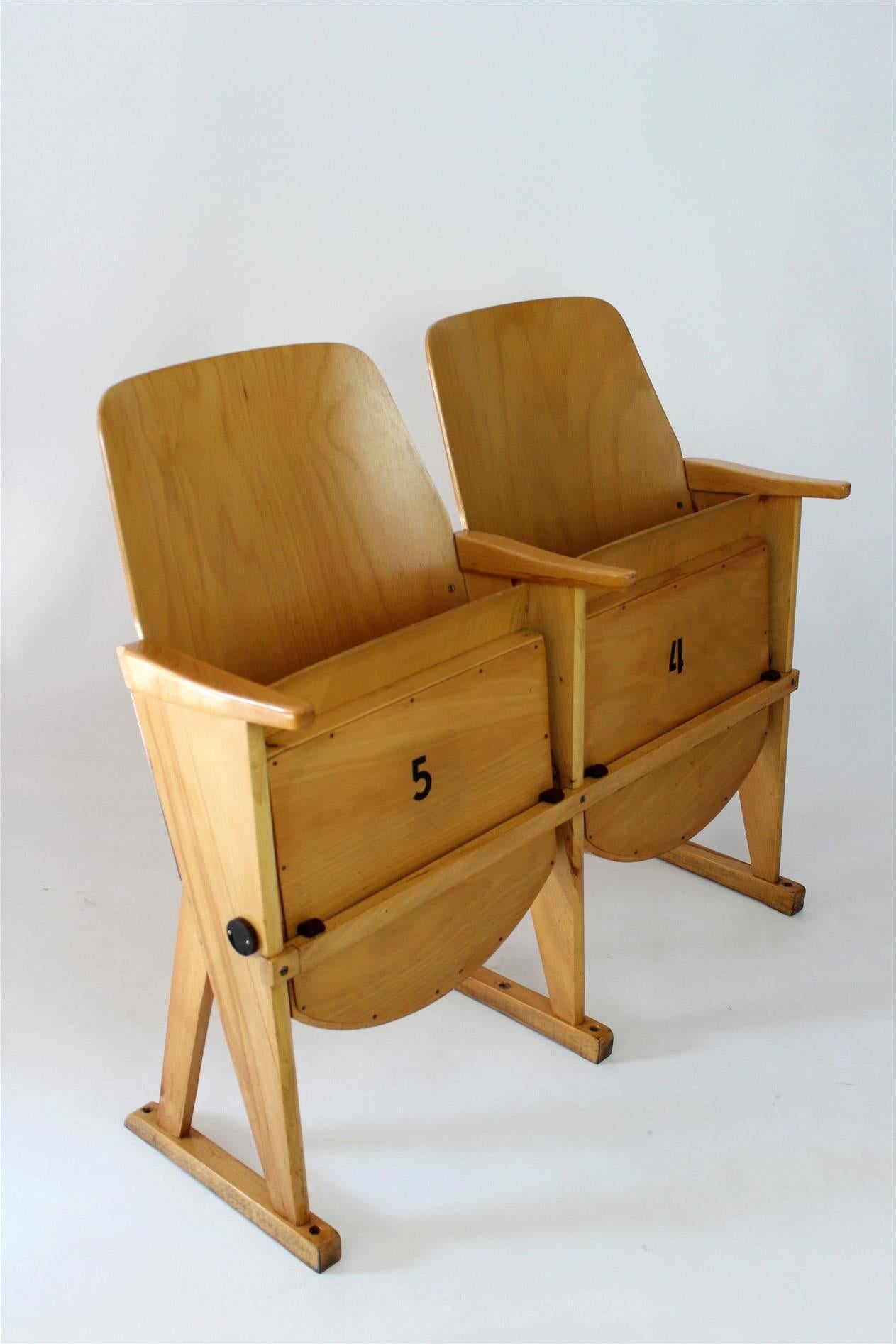 Cinema two-seats from TON (Thonet), produced in the 1960s. Made from solid beech and plywood. Kept with the original numbers on the back of the seats. stabile structure remains fully functional, kept in original condition. Small signs of use over