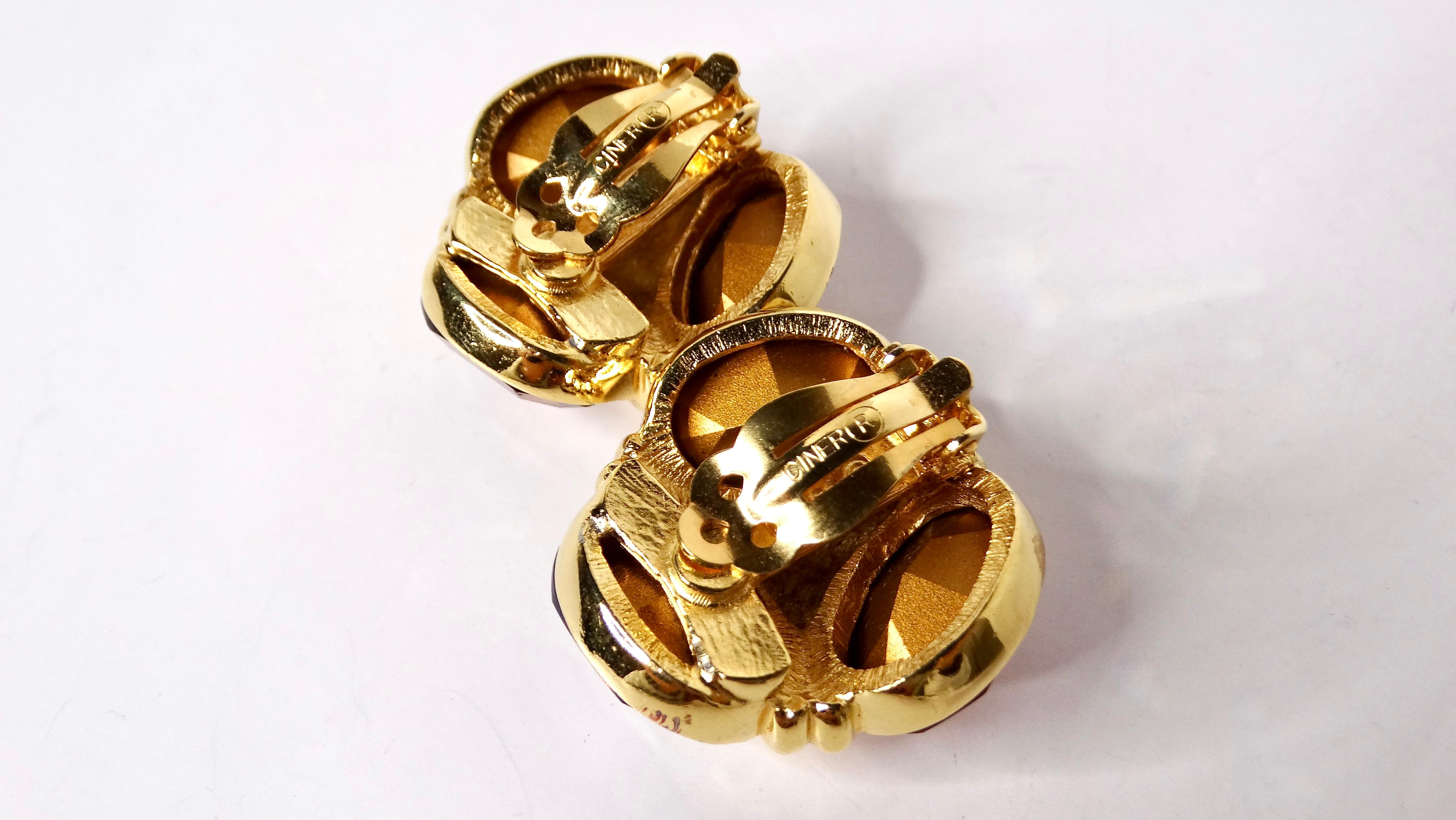 Women's Vintage Ciner 18k Gold Plated 3 Citrine-Tone Clip-On Earrings For Sale