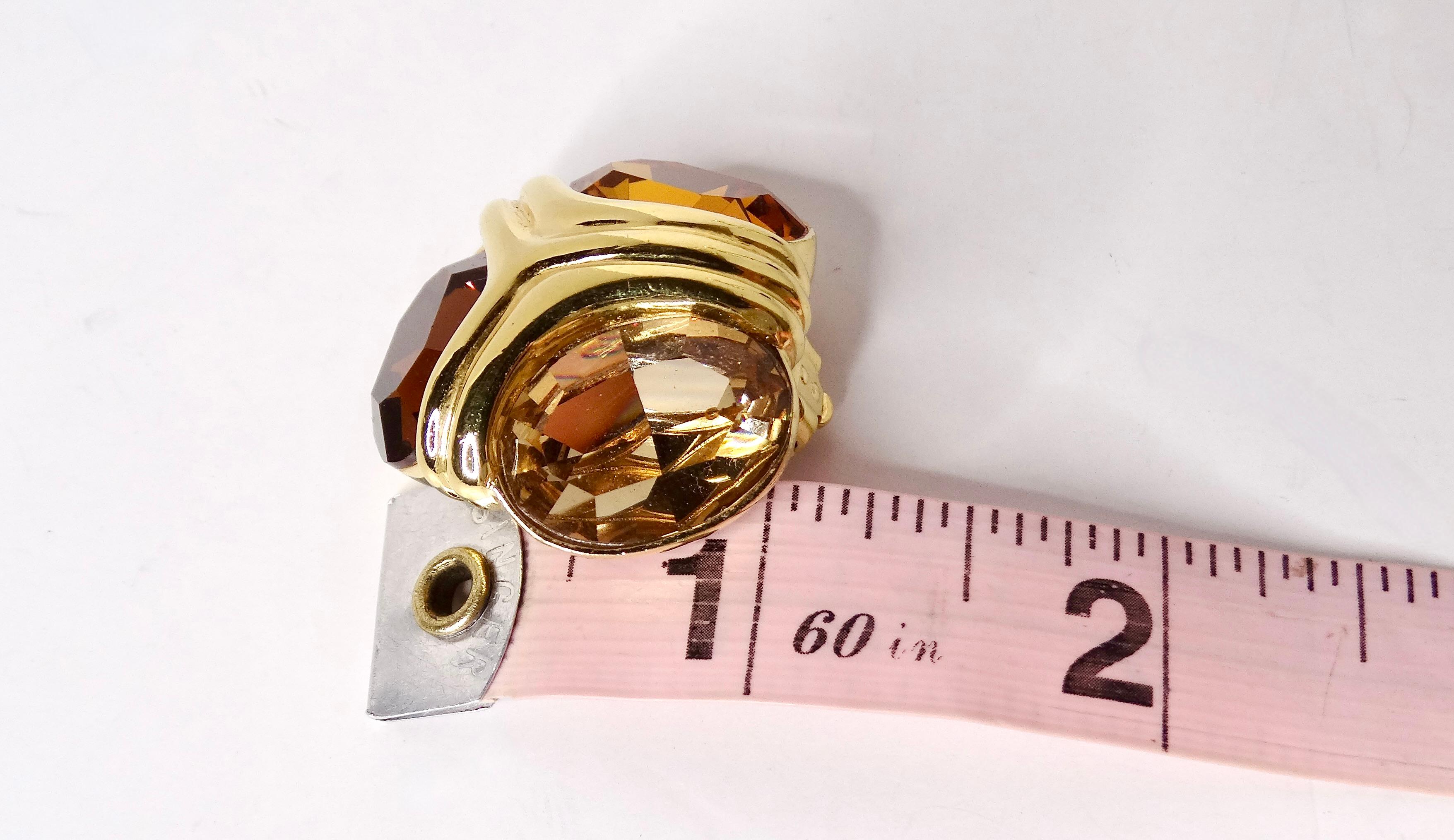 Vintage Ciner 18k Gold Plated 3 Citrine-Tone Clip-On Earrings For Sale 2