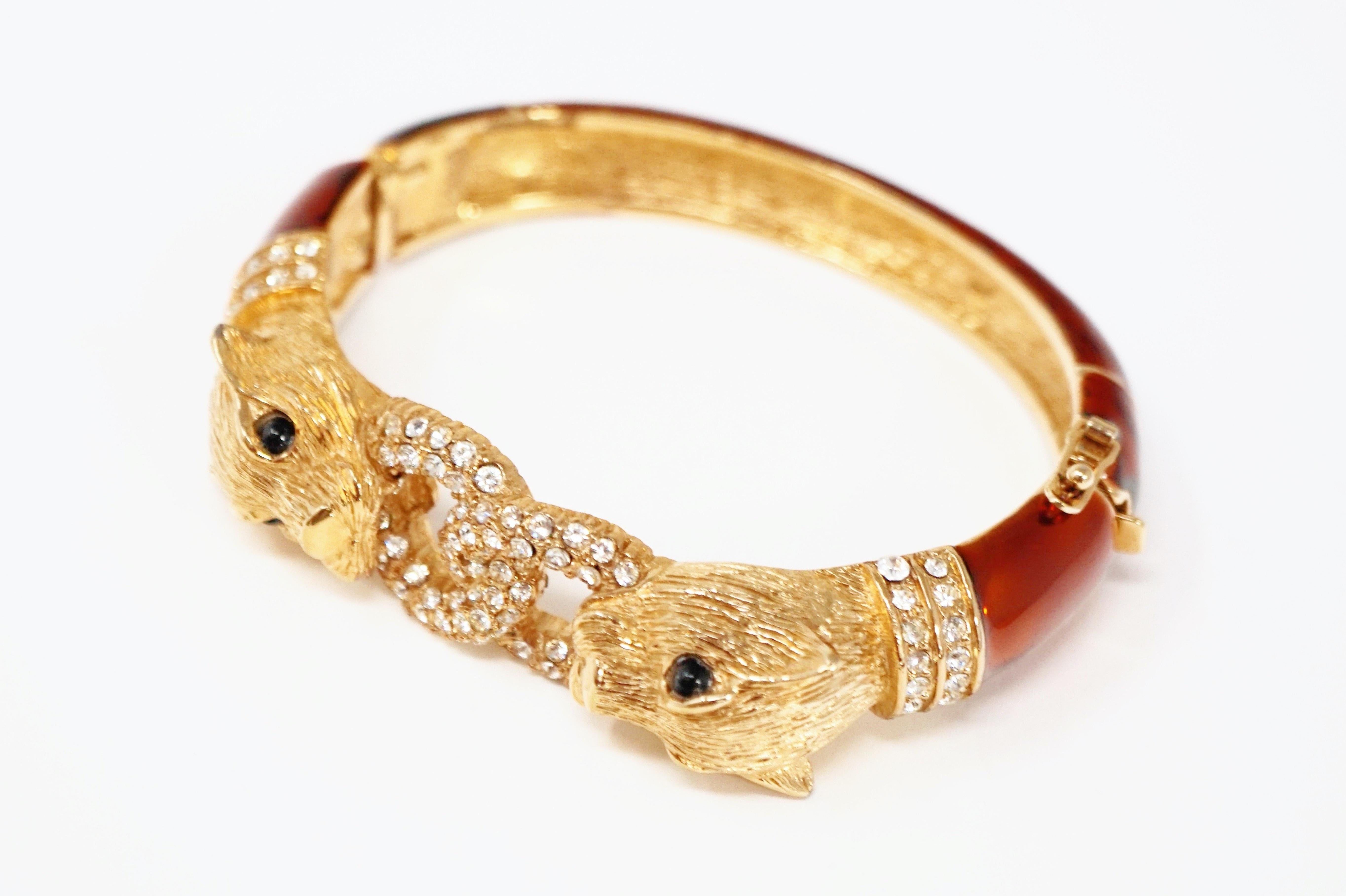 Women's Vintage Ciner Cougar Head Enamel & Crystal Pavé Hinged Bangle Bracelet, Signed