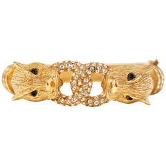 Vintage Ciner Cougar Head Enamel & Crystal Pavé Hinged Bangle Bracelet, Signed