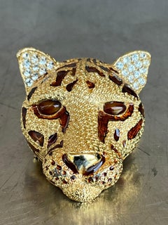 Broche vintage de esmalte Ciner chapado en oro con pedrería de leopardo