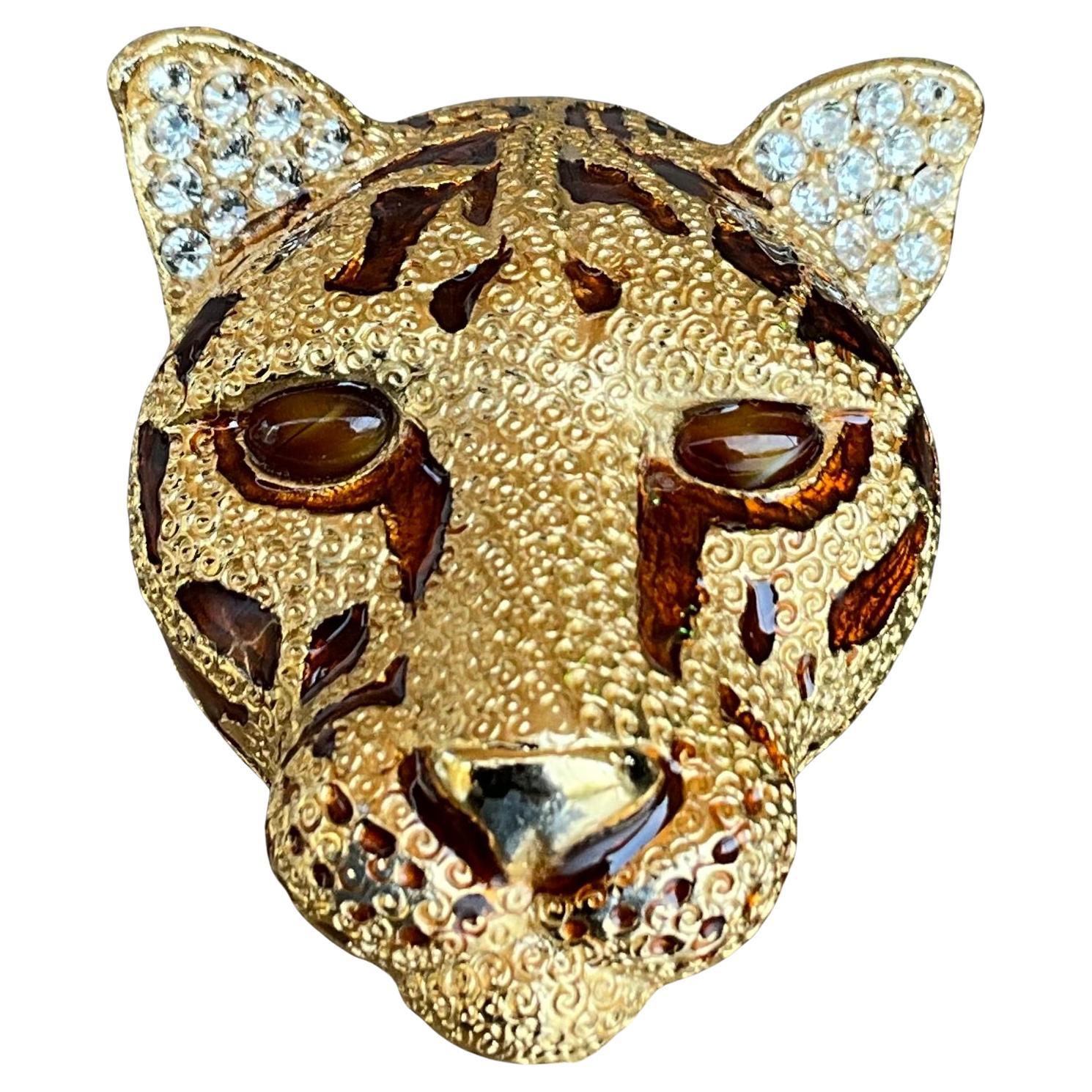 Vintage Ciner Enamel Gold Plated Pave Rhinestone Leopard Brooch