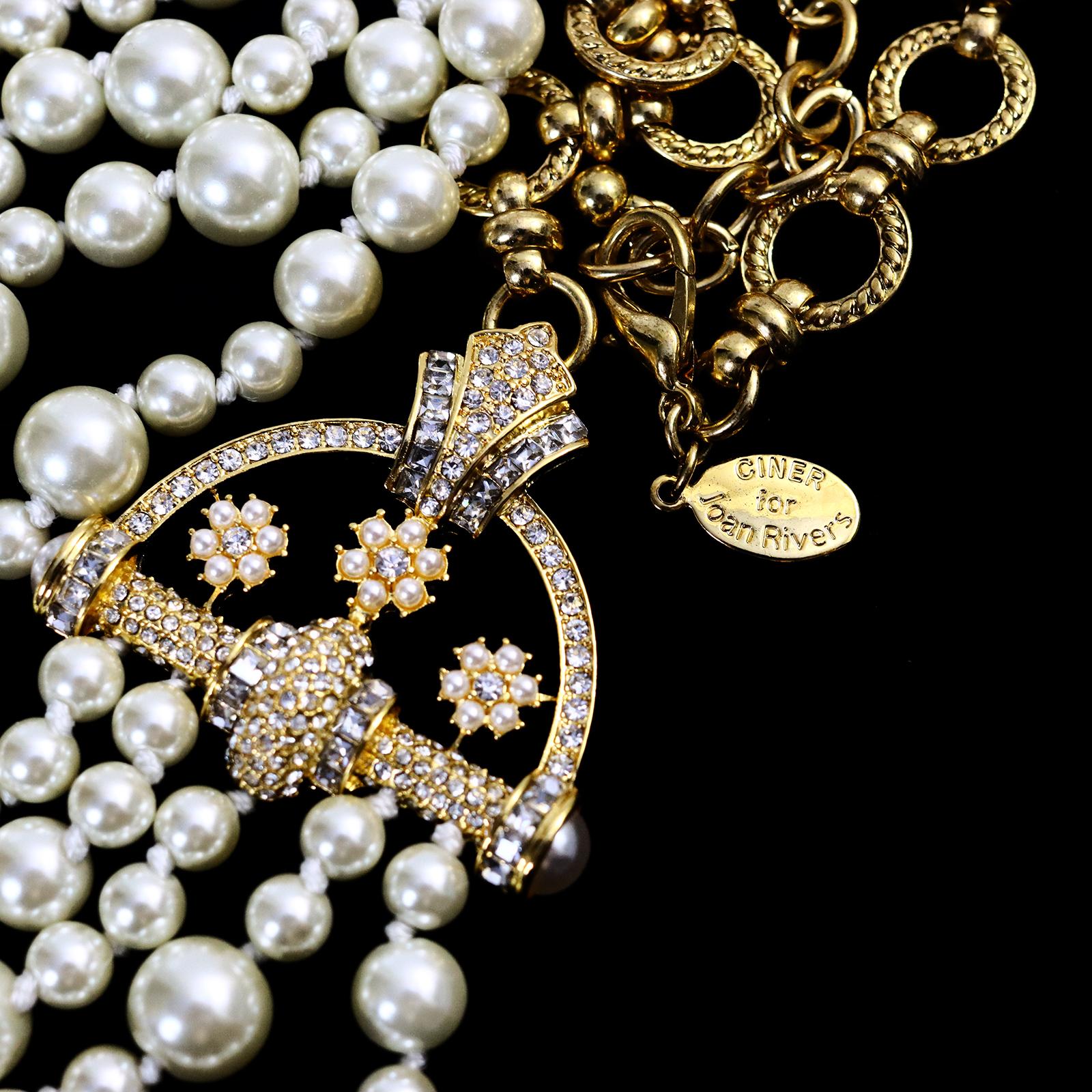 Vintage Ciner fr Joan Rivers: 4strangige Vintage-Halskette aus Perlen und Diamanten, ca. 1990er Jahre im Angebot 3
