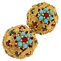 Vintage CINER gold faux sapphire ruby turquoise designer clip on earrings