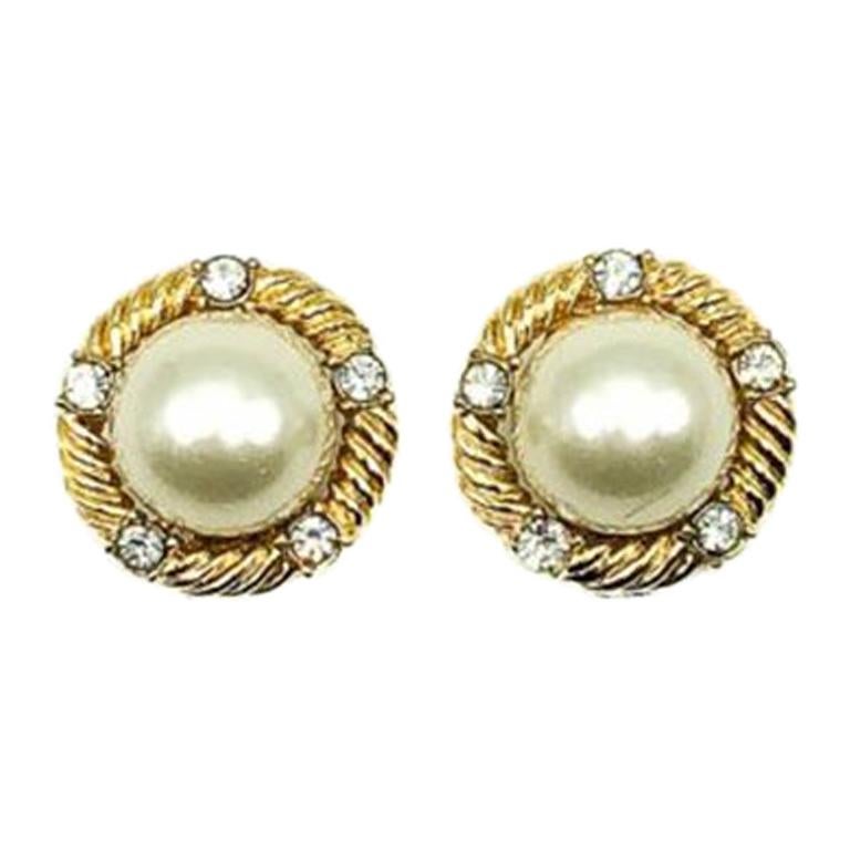 Vintage Ciner Gold Pearl & Crystal Earrings 1980s For Sale
