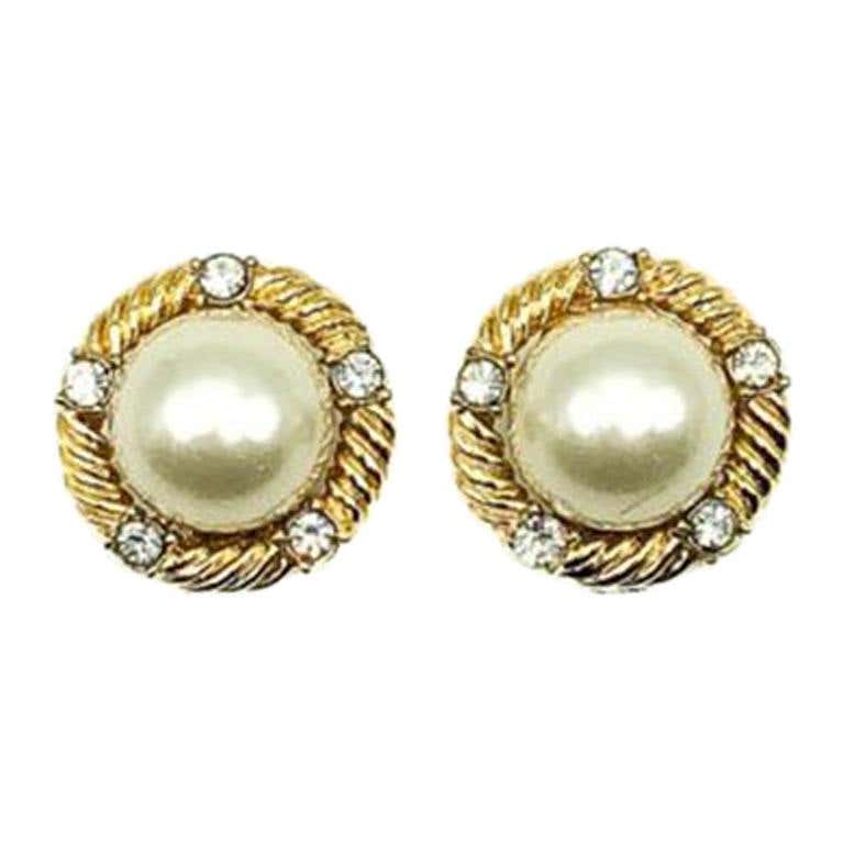 Vintage Ciner Gold Pearl and Crystal Earrings 1980s For Sale at 1stDibs