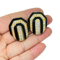 Vintage CINER gold plated enamel rhinestones designer clip on earrings