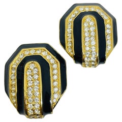 Vintage CINER gold plated enamel rhinestones designer clip on earrings