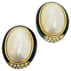 Vintage CINER gold plated enamel rhinestones pearls designer clip on earrings