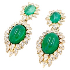 Vintage Ciner Huge Green Glass & Crystals Drop Clip Earrings