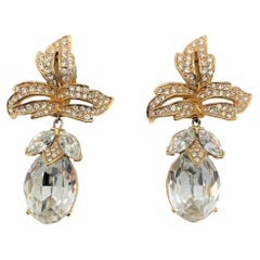 Vintage Ciner Leaf Top Huge Crystal Earrings 1980s