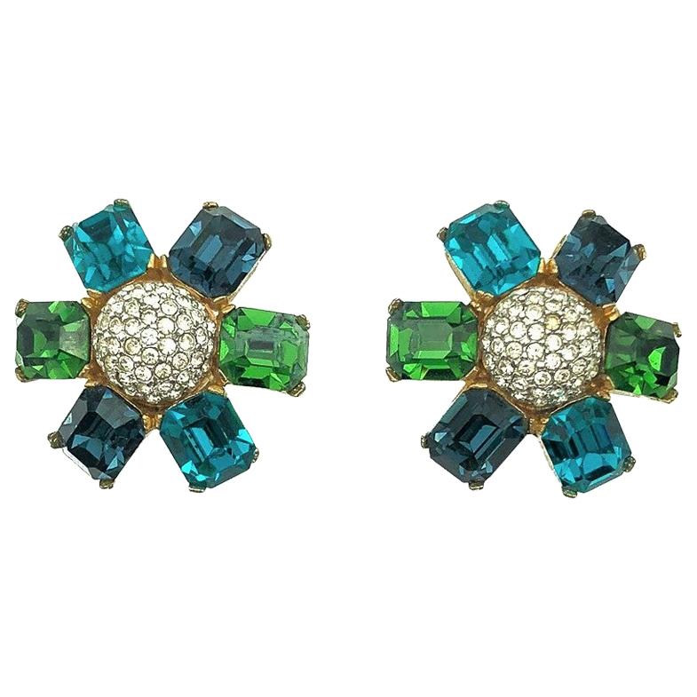 Vintage Ciner NYC Crystal Flower Statement Earrings 1980s For Sale