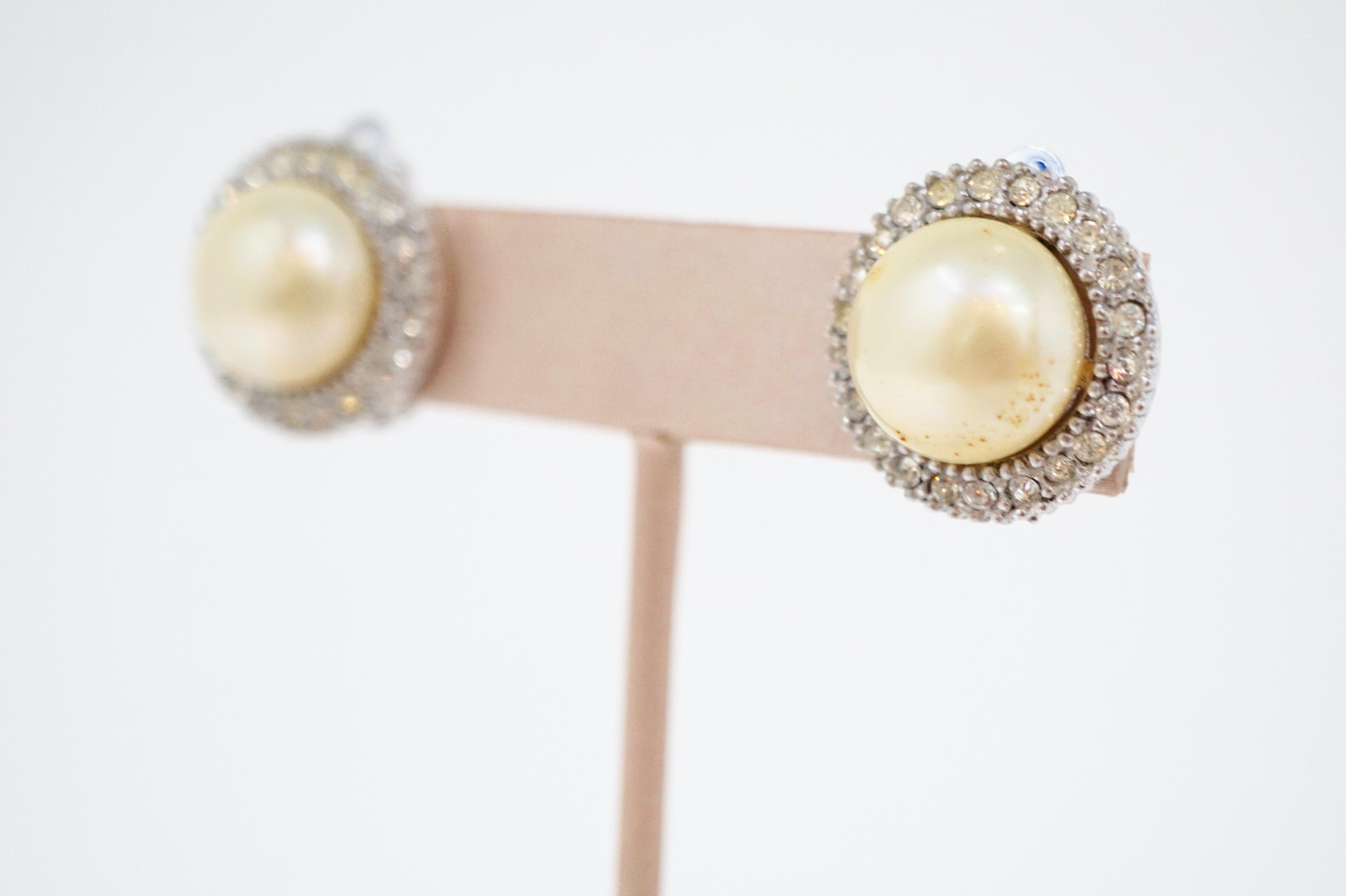 Vintage Ciner Pearl and Pavé Earrings, Signed For Sale 2